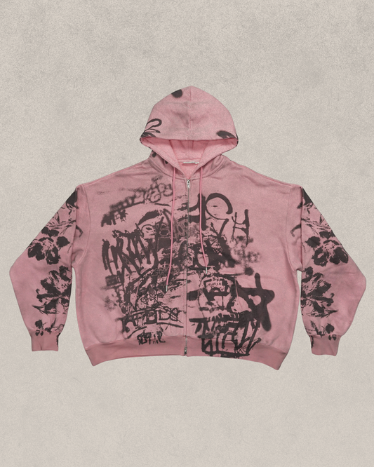 "STOP" Zip-Up Hoodie Pink
